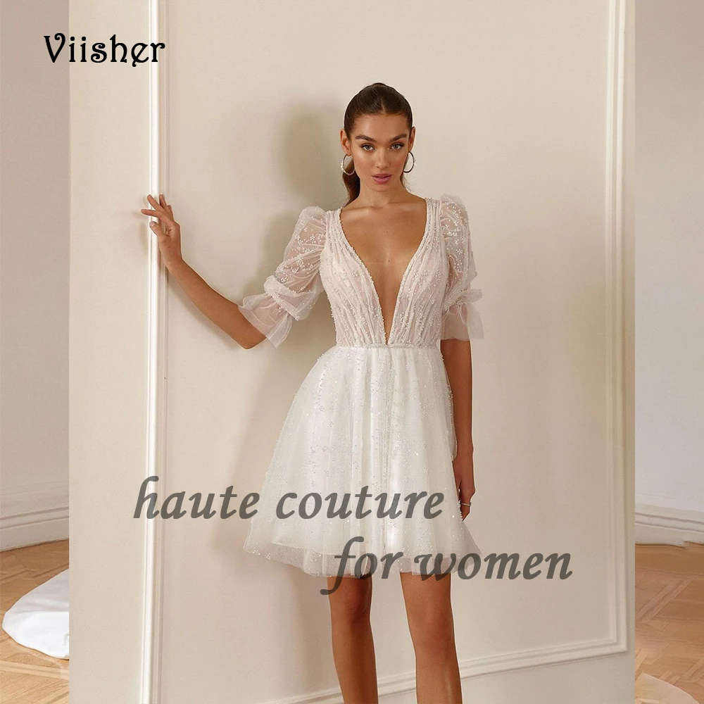 Short Wedding Dresses for Bride Half Sleeve V Neck Beaded Tulle A Line Beach Wedding Party Dress Above Knee
Short Wedding Dresses for Bride Half Sleeve V Neck Beaded Tulle A Line Beach Wedding Party Dress Above Knee