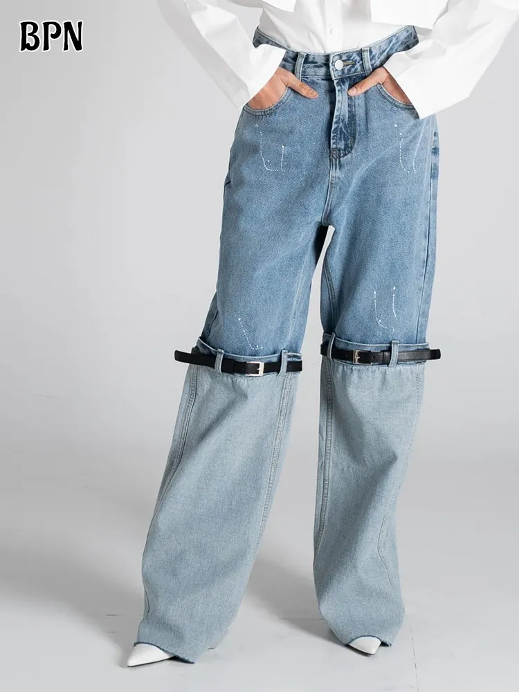 BPN Casual Patchwork Belts Jeans For Women High Waist Spliced Pockets Hit Color Loose Wide Leg Denim Trousers Female Clothes New
BPN Casual Patchwork Belts Jeans For Women High Waist Spliced Pockets Hit Color Loose Wide Leg Denim Trousers Female Clothes New