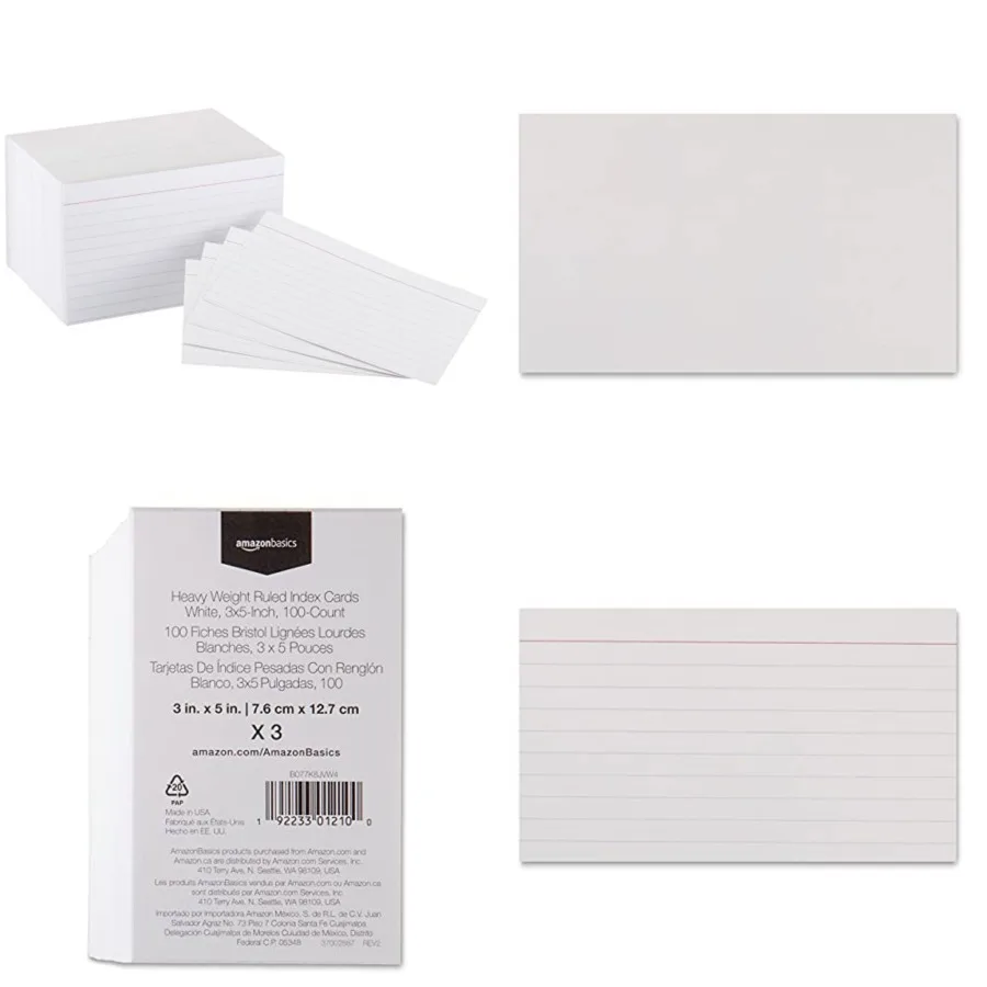 Heavy Weight Ruled Index Cards for Studying and Note Taking, White, 3 x 5, 300 Count Pack of 3
Heavy Weight Ruled Index Cards for Studying and Note Taking, White, 3 x 5, 300 Count Pack of 3