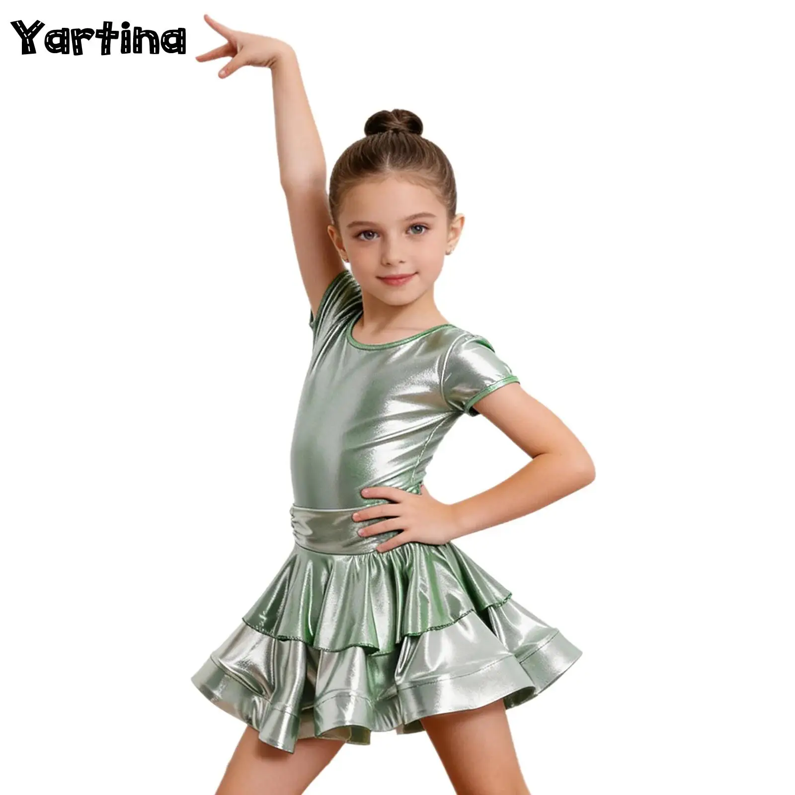 Kids Girls Latin Ballroom Dance Performance Dance Dress Costume Cap Sleeves Tiered Ruffled Metallic Dress with Built-in Shorts
Kids Girls Latin Ballroom Dance Performance Dance Dress Costume Cap Sleeves Tiered Ruffled Metallic Dress with Built-in Shorts