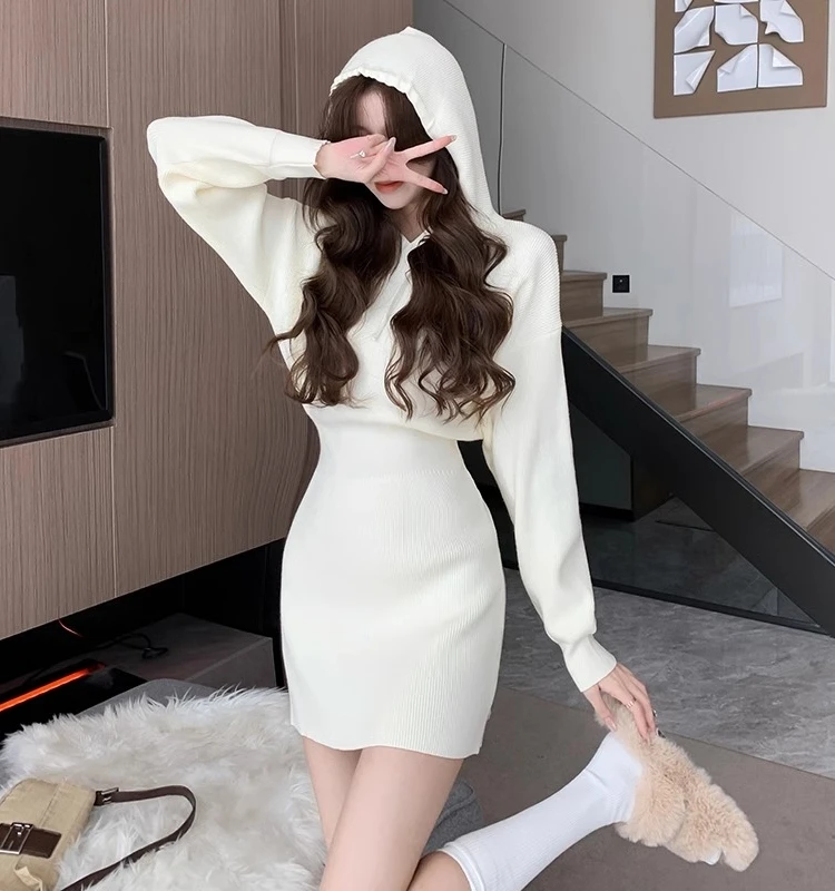 Elegant Knitted Hoodie Dress for Women Autumn Winter Inner Wear Waist Cinched Hat Design Bodycon Skirt Korean Style Long Sleeve
Elegant Knitted Hoodie Dress for Women Autumn Winter Inner Wear Waist Cinched Hat Design Bodycon Skirt Korean Style Long Sleeve