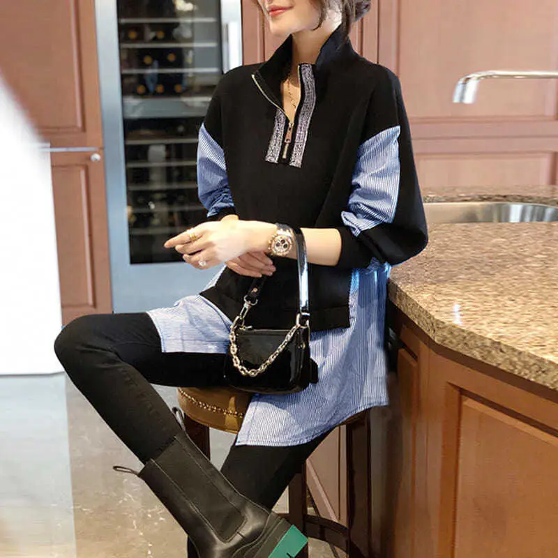 Splicing fake two-piece sweatshirt for women with loose design sense Top long sleeves for spring and autumn sweatshirt female
Splicing fake two-piece sweatshirt for women with loose design sense Top long sleeves for spring and autumn sweatshirt female