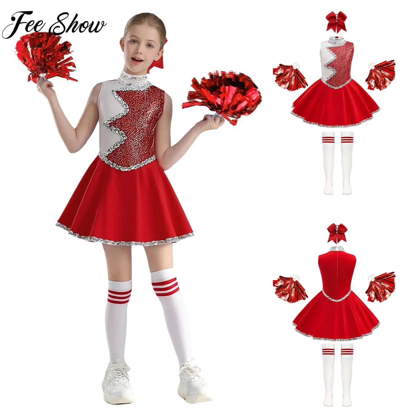 Kids Girls Cheerleading Cheer Leader Dance Outfits Sleeveless Zipper Glittery Sequins Dress with Headwear Flower Balls And Socks
Kids Girls Cheerleading Cheer Leader Dance Outfits Sleeveless Zipper Glittery Sequins Dress with Headwear Flower Balls And Socks
