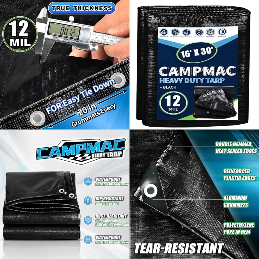 Tarps Heavy Duty Waterproof 16x30, 12 Mil Thick, High Durability, Rip and Tear Resistant with Metal Grommets Every 20 Inch
Tarps Heavy Duty Waterproof 16x30, 12 Mil Thick, High Durability, Rip and Tear Resistant with Metal Grommets Every 20 Inch