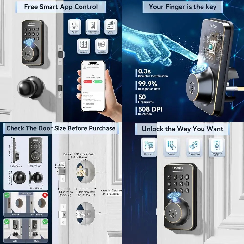 Smart Door Lock with Handle - Wi-Fi & App Enabled, Touchscreen Keypad, One-Time Code, Auto-Lock, Easy Install, Oil Rubbed Bronze
Smart Door Lock with Handle - Wi-Fi & App Enabled, Touchscreen Keypad, One-Time Code, Auto-Lock, Easy Install, Oil Rubbed Bronze