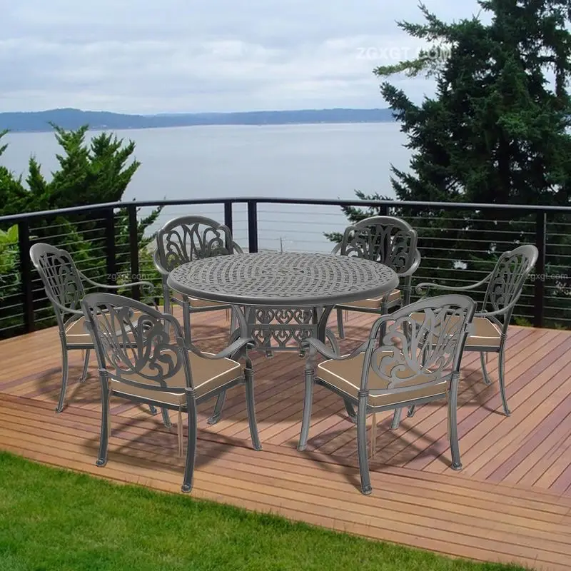 7-Piece Cast Aluminum Patio Furniture Set with Brown Cushions
7-Piece Cast Aluminum Patio Furniture Set with Brown Cushions