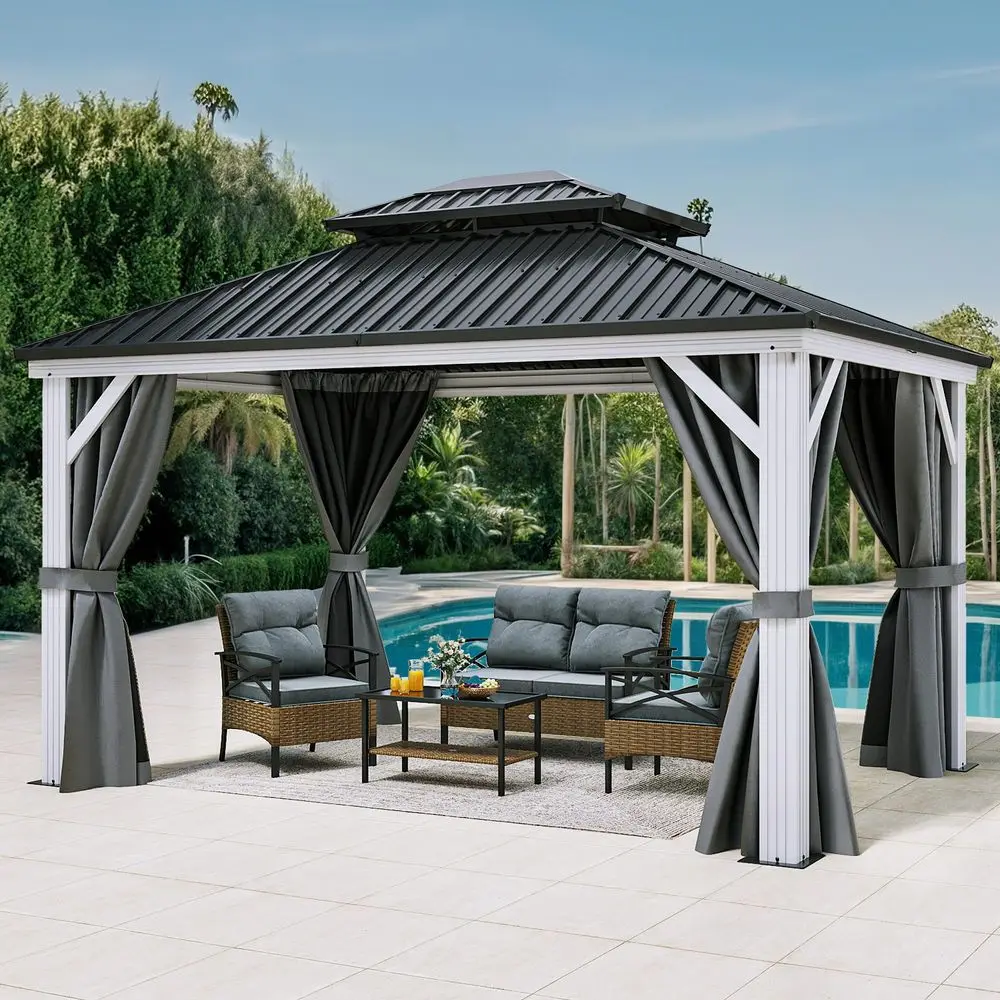 White Gazebo 10x12ft Hardtop Double Roof Canopy Galvanized Iron Aluminum Frame Outdoor Gazebo with Netting and Shaded Curtains
White Gazebo 10x12ft Hardtop Double Roof Canopy Galvanized Iron Aluminum Frame Outdoor Gazebo with Netting and Shaded Curtains