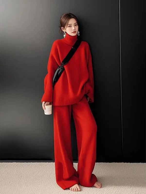 Soft Lazy Loose Casual Red High Collar Knitted Sweater And Wide Leg Pants Set Fashionable Ensemble Winter Autumn Spring Season
Soft Lazy Loose Casual Red High Collar Knitted Sweater And Wide Leg Pants Set Fashionable Ensemble Winter Autumn Spring Season
