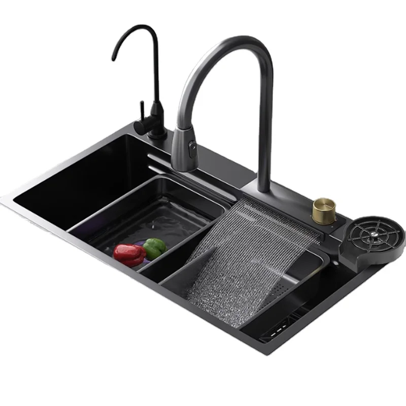 Smart Single Kitchen Stainless Steel Dark Grey Nano Step Square Design Temperature Display Piano Key Waterfall Electric Function
Smart Single Kitchen Stainless Steel Dark Grey Nano Step Square Design Temperature Display Piano Key Waterfall Electric Function