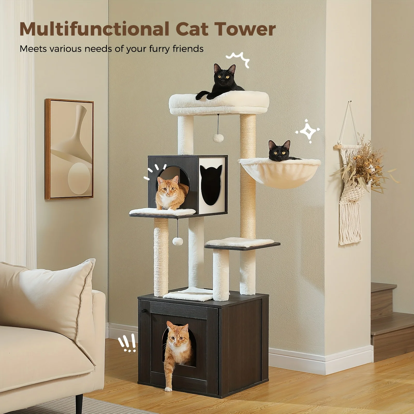 Cat Tree With Litter Box Enclosure Large, Wood Cat Tower For Indoor Cats With Storage Cabinet And Cozy Cat Condo, Sisal Covered Scratching Post And Dangling Balls, Beige, Black, Brown, Grey
Cat Tree With Litter Box Enclosure Large, Wood Cat Tower For Indoor Cats With Storage Cabinet And Cozy Cat Condo, Sisal Covered Scratching Post And Dangling Balls, Beige, Black, Brown, Grey