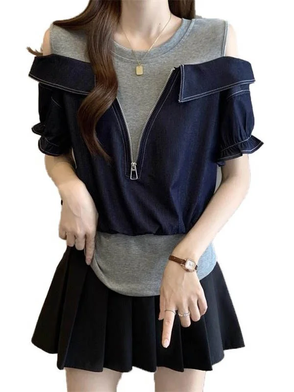 oulder Bared ort Sve irt Women's plus Size Slimming Concealing Unique Top Summer 2025 Korean Sle Loose Fit Blouse 
oulder Bared ort Sve irt Women's plus Size Slimming Concealing Unique Top Summer 2025 Korean Sle Loose Fit Blouse