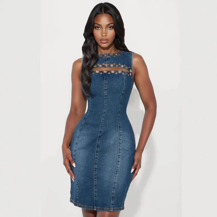 2026 Style Women's Spring Fashion Round Neck Studded Denim Sleeveless Dress
2026 Style Women's Spring Fashion Round Neck Studded Denim Sleeveless Dress