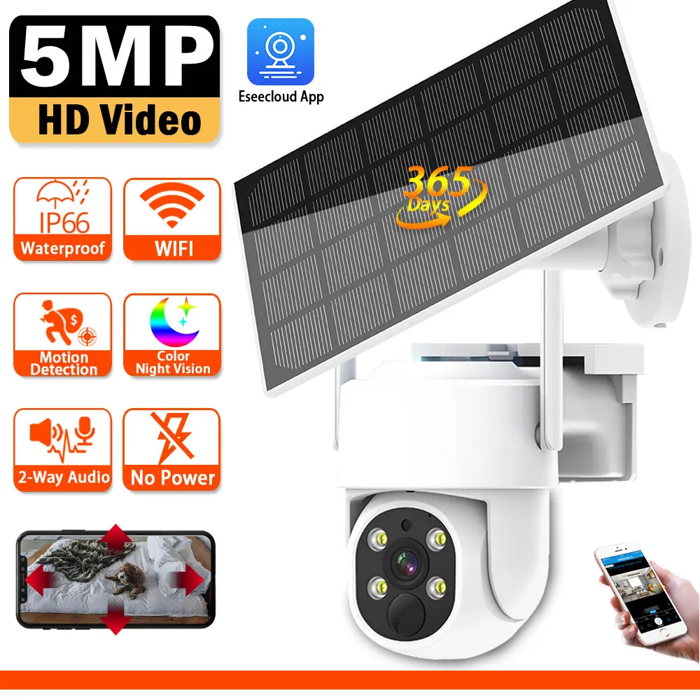 Солнечная Wi-Fi камера 5 МП с PIR-датчиком движения, для наружного наблюдения, с солнечной панелью, беспроводная PTZ-камера для умного дома, на аккумуляторе
Солнечная Wi-Fi камера 5 МП с PIR-датчиком движения, для наружного наблюдения, с солнечной панелью, беспроводная PTZ-камера для умного дома, на аккумуляторе