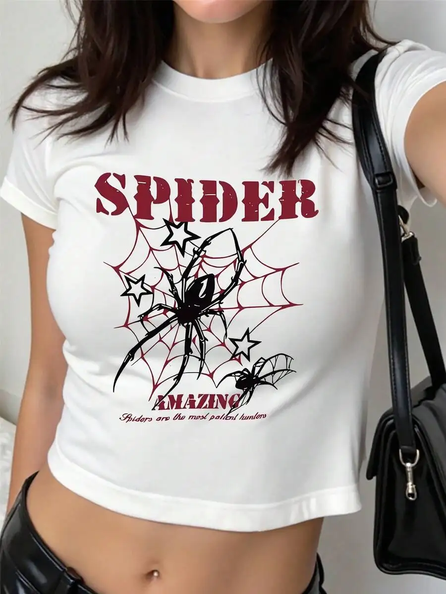 Womens Cropped T-Shirt With Spider Web Print, Short Sleeve Round Neck Top, Lightweight Breathable Fabric
Womens Cropped T-Shirt With Spider Web Print, Short Sleeve Round Neck Top, Lightweight Breathable Fabric