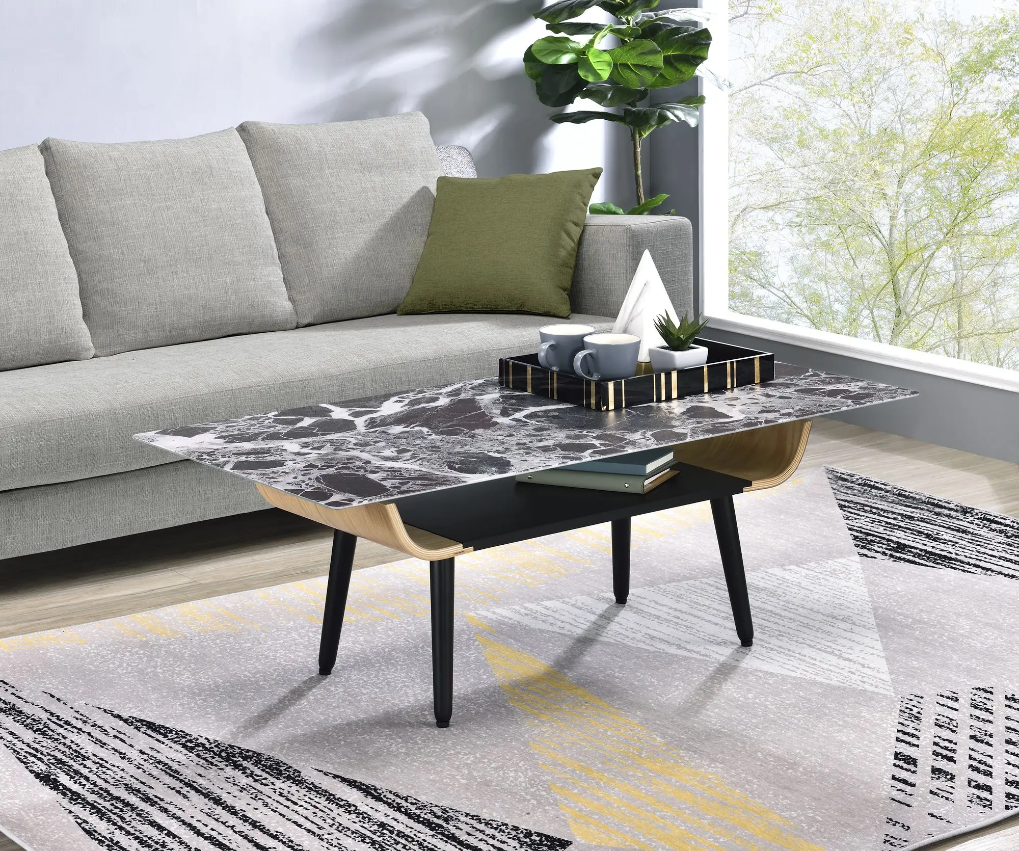 47" Coffee Table with Glass Black Marble Texture Top and Bent Wood Design,Dichromatic Storage Shelf,Café Tables
47" Coffee Table with Glass Black Marble Texture Top and Bent Wood Design,Dichromatic Storage Shelf,Café Tables