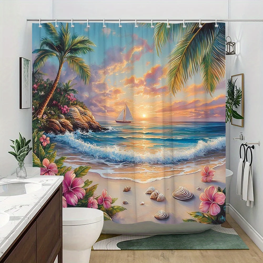 1 шт. занавеска для пляжного душа с тропическим закатом и пальмовыми деревьями, ракушками и цветами гибискуса — яркие океанские волны и теплый светящийся дизайн,
1 шт. занавеска для пляжного душа с тропическим закатом и пальмовыми деревьями, ракушками и цветами гибискуса — яркие океанские волны и теплый светящийся дизайн,