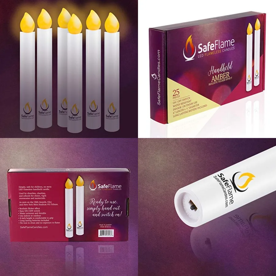 SafeFlame Flickering Hand Held LED Candles - Batteries Included - Easy On/Off Switch - Safe Flame for Candlelight Service Box o
SafeFlame Flickering Hand Held LED Candles - Batteries Included - Easy On/Off Switch - Safe Flame for Candlelight Service Box o
