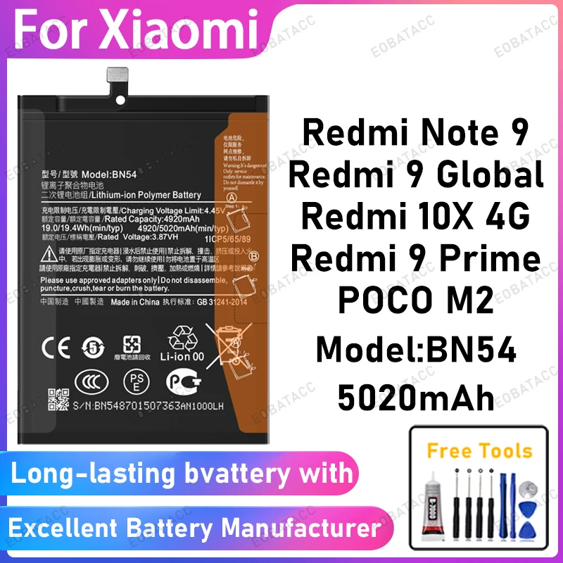 100% New 5020mAh BN54 Battery For Xiaomi Redmi Note 9/Redmi 9 Global/10X 4G/9 Prime/POCO M2 Battery Replacement Bateria+Free Too
100% New 5020mAh BN54 Battery For Xiaomi Redmi Note 9/Redmi 9 Global/10X 4G/9 Prime/POCO M2 Battery Replacement Bateria+Free Too