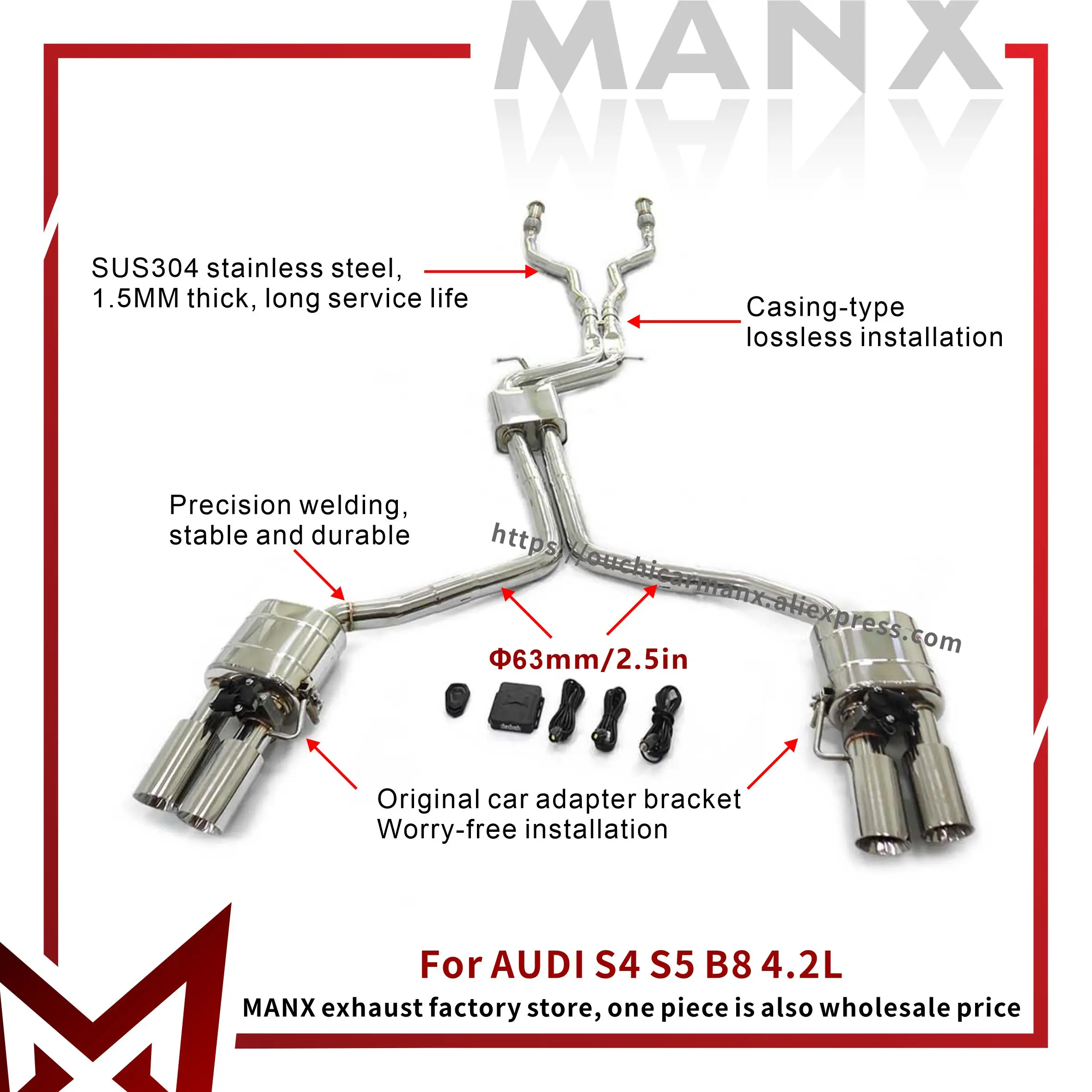 MANX Resonant tube catback for AUDI S4 S5 B8 4.2L Stainless steel Performance Auto Exhaust pipe Muffler with valve
MANX Resonant tube catback for AUDI S4 S5 B8 4.2L Stainless steel Performance Auto Exhaust pipe Muffler with valve