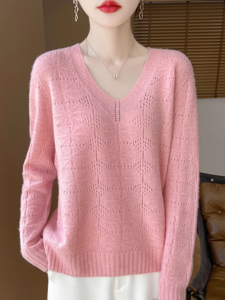 V-neck Hollow Out Chic Women's Pullovers Solid Color Basic Soft Warm 100% Merino Wool Casual Loose Autumn Winter Sweater Tops
V-neck Hollow Out Chic Women's Pullovers Solid Color Basic Soft Warm 100% Merino Wool Casual Loose Autumn Winter Sweater Tops