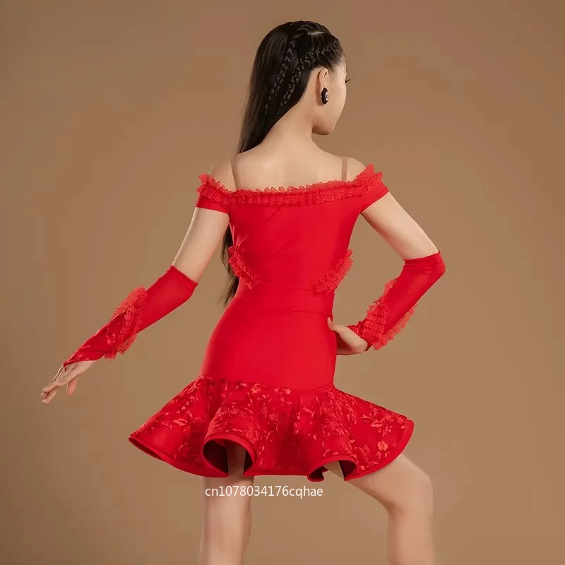 New Girls Latin Dance Dress Red OffShoulder FringeTexture LatinCostume with Gloves ChildrenBallroomCompetition Performance Dress
New Girls Latin Dance Dress Red OffShoulder FringeTexture LatinCostume with Gloves ChildrenBallroomCompetition Performance Dress