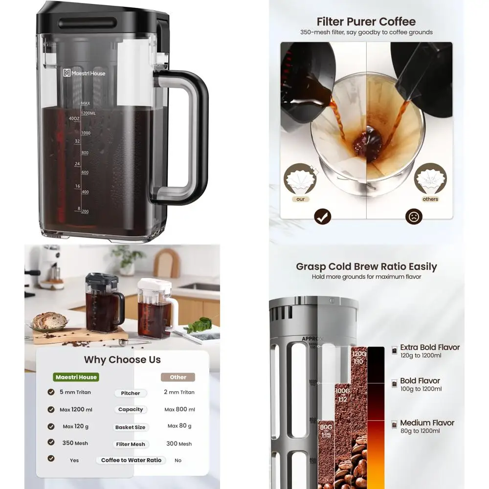 Compact 40oz Cold Brew Coffee and Iced Tea Maker with Space-Saving Tritan Pitcher and 350 Mesh Filter
Compact 40oz Cold Brew Coffee and Iced Tea Maker with Space-Saving Tritan Pitcher and 350 Mesh Filter