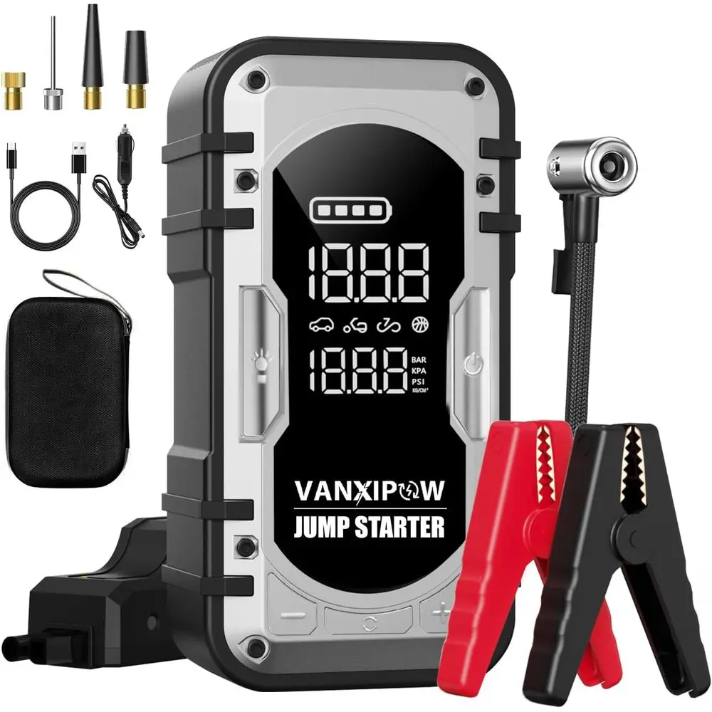4500A Portable Car Jump Starter with Air Compressor, 150PSI, 12V Battery Booster, LED Light, Power Bank
4500A Portable Car Jump Starter with Air Compressor, 150PSI, 12V Battery Booster, LED Light, Power Bank