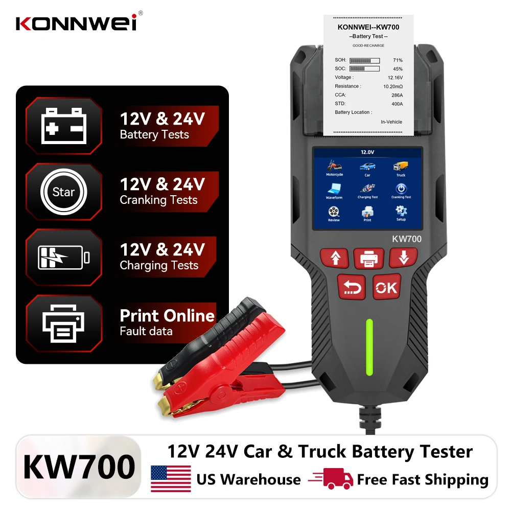 Тестер автомобильных аккумуляторов KONNWEI KW700 12В/24В с функцией печати, анализатор АКБ для легковых и грузовых автомобилей, тест на пусковой ток, тест на зарядку, 10-2000CCA
Тестер автомобильных аккумуляторов KONNWEI KW700 12В/24В с функцией печати, анализатор АКБ для легковых и грузовых автомобилей, тест на пусковой ток, тест на зарядку, 10-2000CCA