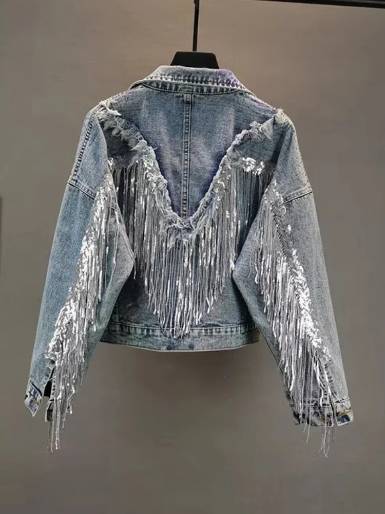 Autumn Streetwear Denim Jacket Women Sequins Chain Tassel Black Loose Short Jeans Coats Outwear Chaquetas Mujer
Autumn Streetwear Denim Jacket Women Sequins Chain Tassel Black Loose Short Jeans Coats Outwear Chaquetas Mujer