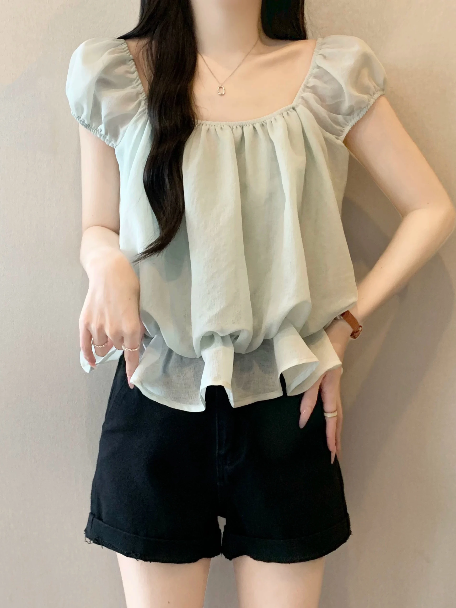 Light Blue Square Collar Short Sleeve Women's Chiffon Shirt Korean Style Loose Fit Summer New Arrival Big Size Flower Bud Top
Light Blue Square Collar Short Sleeve Women's Chiffon Shirt Korean Style Loose Fit Summer New Arrival Big Size Flower Bud Top