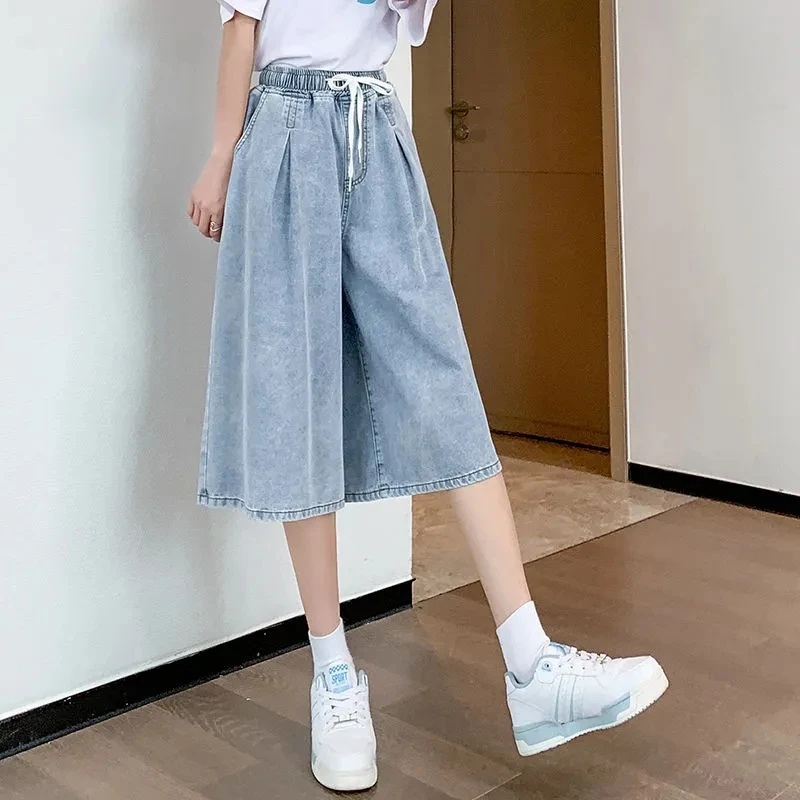 Denim 7-minute Pants Knee Summer Wide Leg Loose High Waist Student Fattening Women's Breathable Soft
Denim 7-minute Pants Knee Summer Wide Leg Loose High Waist Student Fattening Women's Breathable Soft
