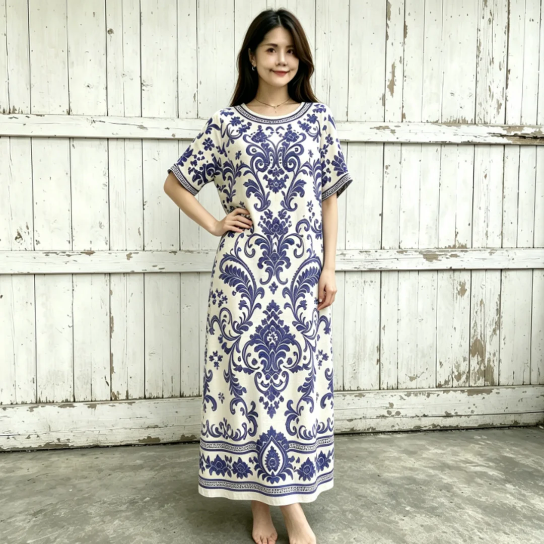 Boho Retro Blue Floral Printed Long Maxi Dress Women Oversized Short Sleeve Round Neck Loose Fit Casual Travel Summer Outfit Ele
Boho Retro Blue Floral Printed Long Maxi Dress Women Oversized Short Sleeve Round Neck Loose Fit Casual Travel Summer Outfit Ele