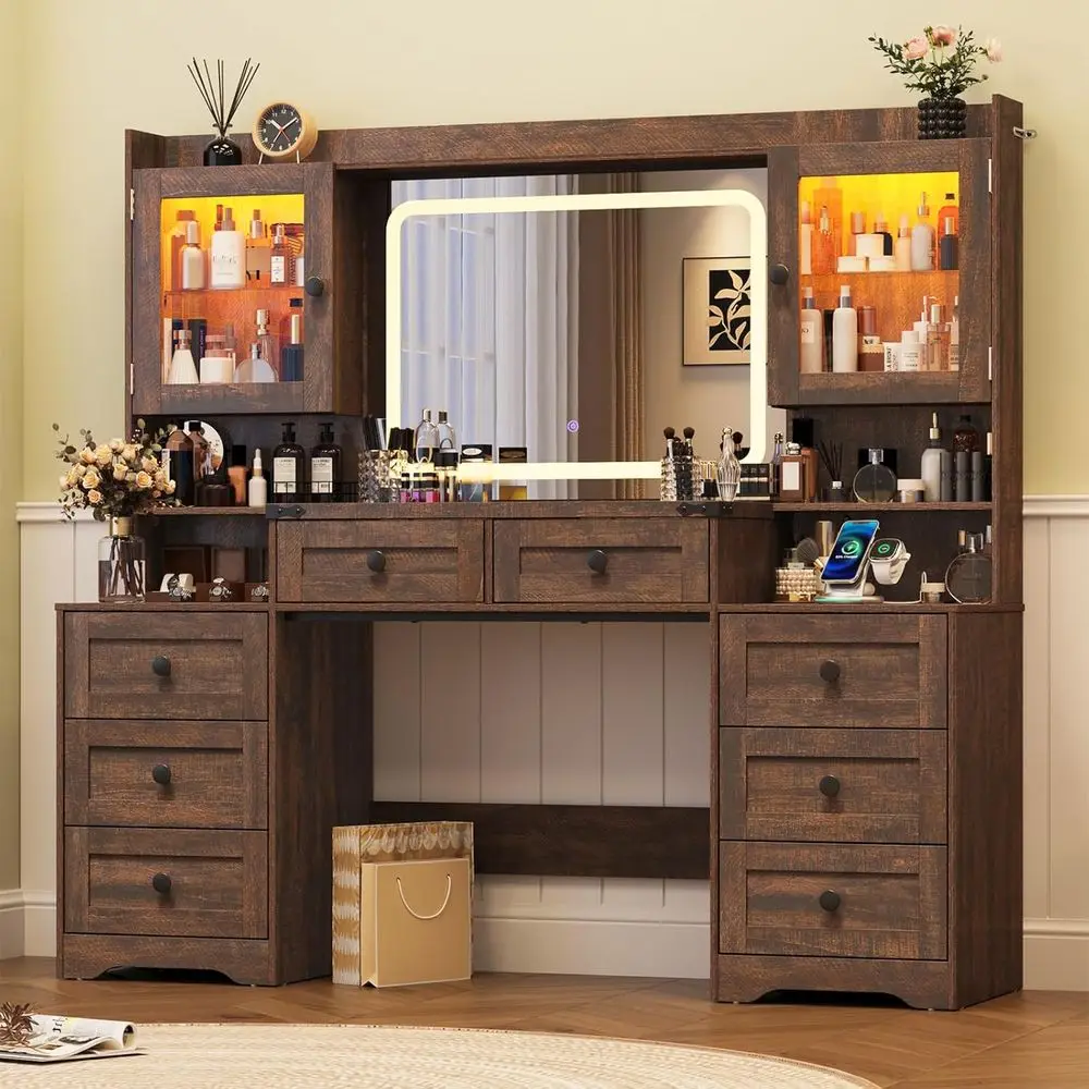 jiteentarou 60" Large armhouse Vanity Desk with LED Mirror, Lights and Charging Station, Glass Top Makeup Vanity Table w/8 Ders,
jiteentarou 60" Large armhouse Vanity Desk with LED Mirror, Lights and Charging Station, Glass Top Makeup Vanity Table w/8 Ders,