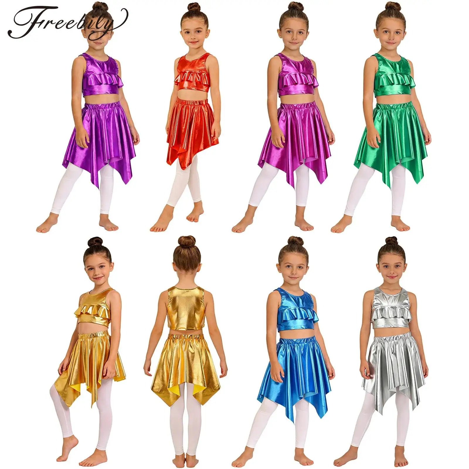 Kids Girls Metallic Cheerleading Dance Chorus Performance Outfit Sleeveless Ruffle Vest with Asymmetrical Skirt Set
Kids Girls Metallic Cheerleading Dance Chorus Performance Outfit Sleeveless Ruffle Vest with Asymmetrical Skirt Set
