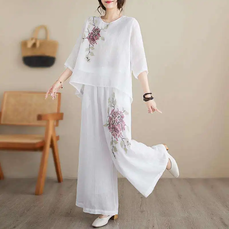 Легкий летний повседневный комплект из смесового хлопка и льна с вышивкой, свободного кроя, для женщин
Легкий летний повседневный комплект из смесового хлопка и льна с вышивкой, свободного кроя, для женщин