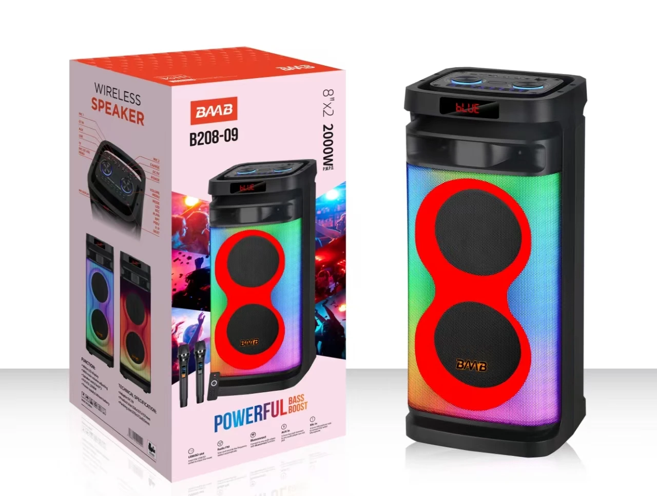 B208-09 Dual 8" 40W High Bass Karaoke Woofer with for 5.0 RGB LED USB Rechargeable Battery for Outdoor Use
B208-09 Dual 8" 40W High Bass Karaoke Woofer with for 5.0 RGB LED USB Rechargeable Battery for Outdoor Use