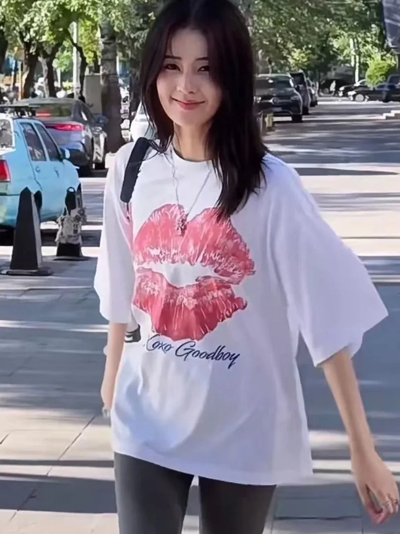 Summer White Lip Print Short Sleeve T-Shirt Women's Casual Loose Fit round Neck Casual Style Fashion Top by EXJR
Summer White Lip Print Short Sleeve T-Shirt Women's Casual Loose Fit round Neck Casual Style Fashion Top by EXJR