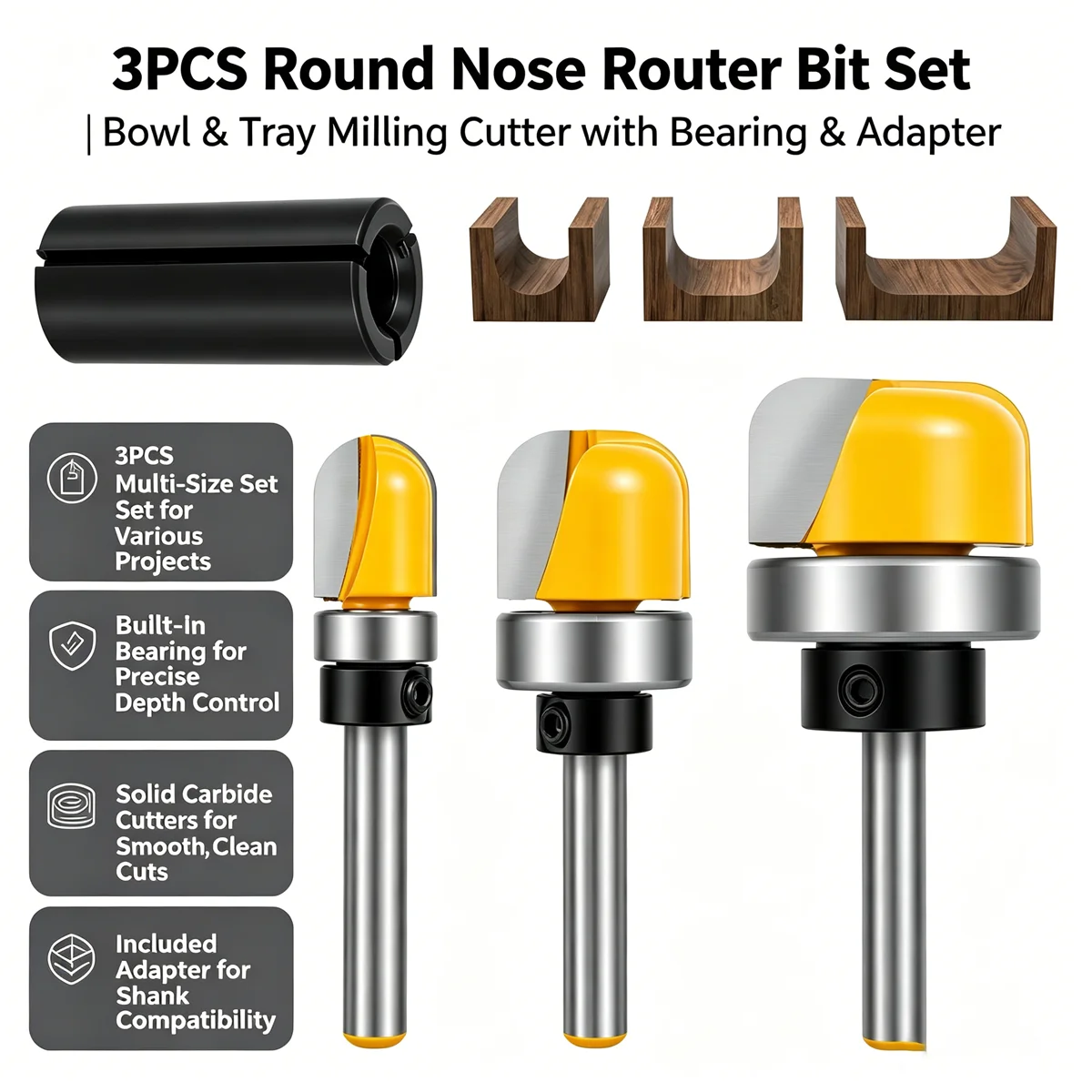3PCS 1/4 In Shank Bowl and Tray Router Bit Set 1/2" 3/4" 1-1/8" Cutting Diameter Carbide Woodworking Milling Cutter with Bearing
3PCS 1/4 In Shank Bowl and Tray Router Bit Set 1/2" 3/4" 1-1/8" Cutting Diameter Carbide Woodworking Milling Cutter with Bearing
