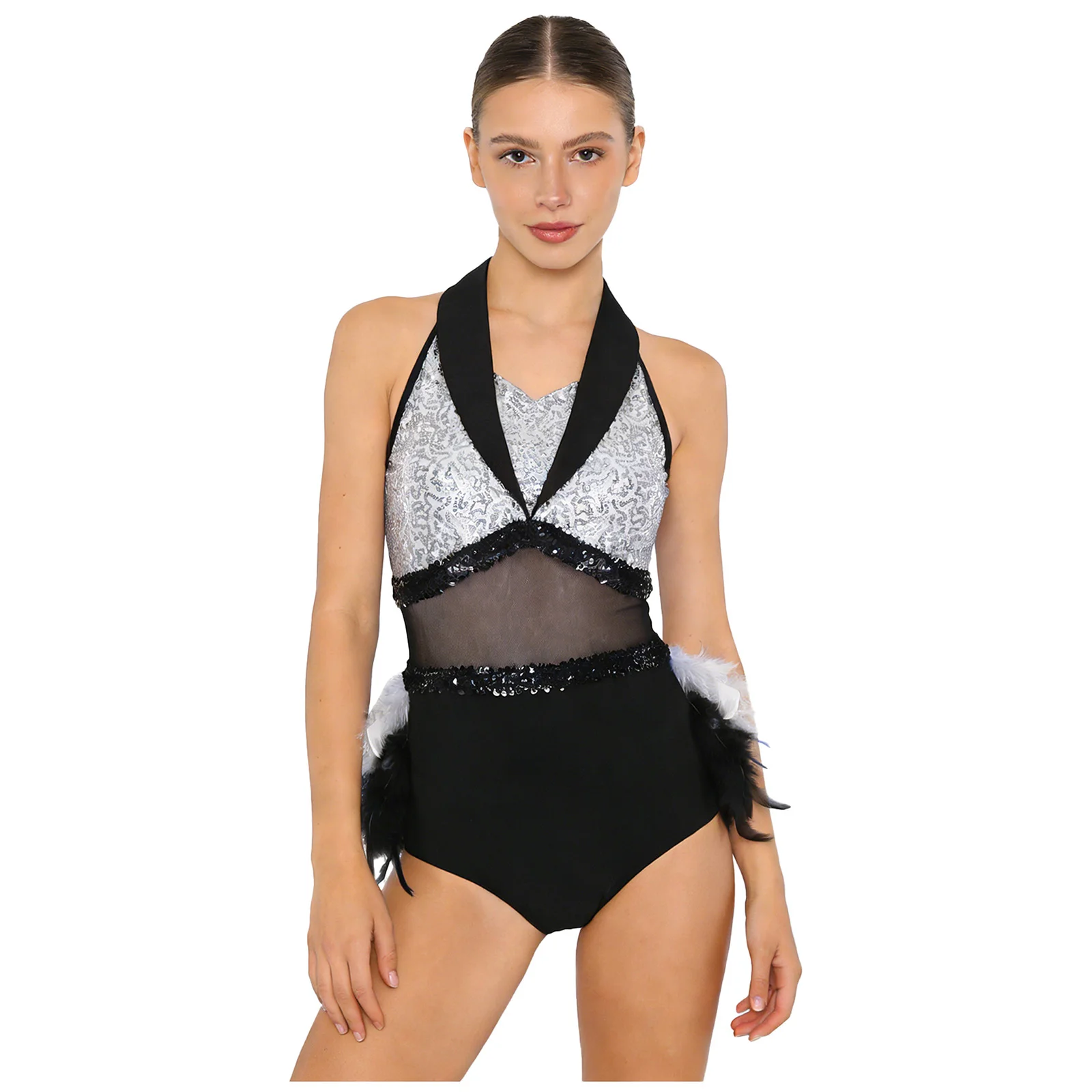 Женский боди для джазовых танцев, румба, ча-ча, вальс, блестящий сетчатый костюм с блестками на талии и перьями по краю, костюм без рукавов для бальных танцев
Женский боди для джазовых танцев, румба, ча-ча, вальс, блестящий сетчатый костюм с блестками на талии и перьями по краю, костюм без рукавов для бальных танцев