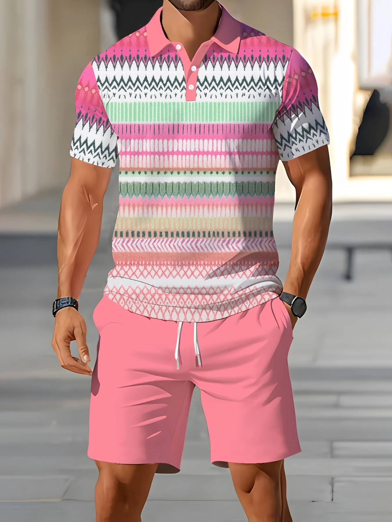 Bohemian Tribal Pattern Men's Ethnic Geometric Print Lapel Top and Solid Pink Elastic Waist Shorts for Outdoor Wear
Bohemian Tribal Pattern Men's Ethnic Geometric Print Lapel Top and Solid Pink Elastic Waist Shorts for Outdoor Wear