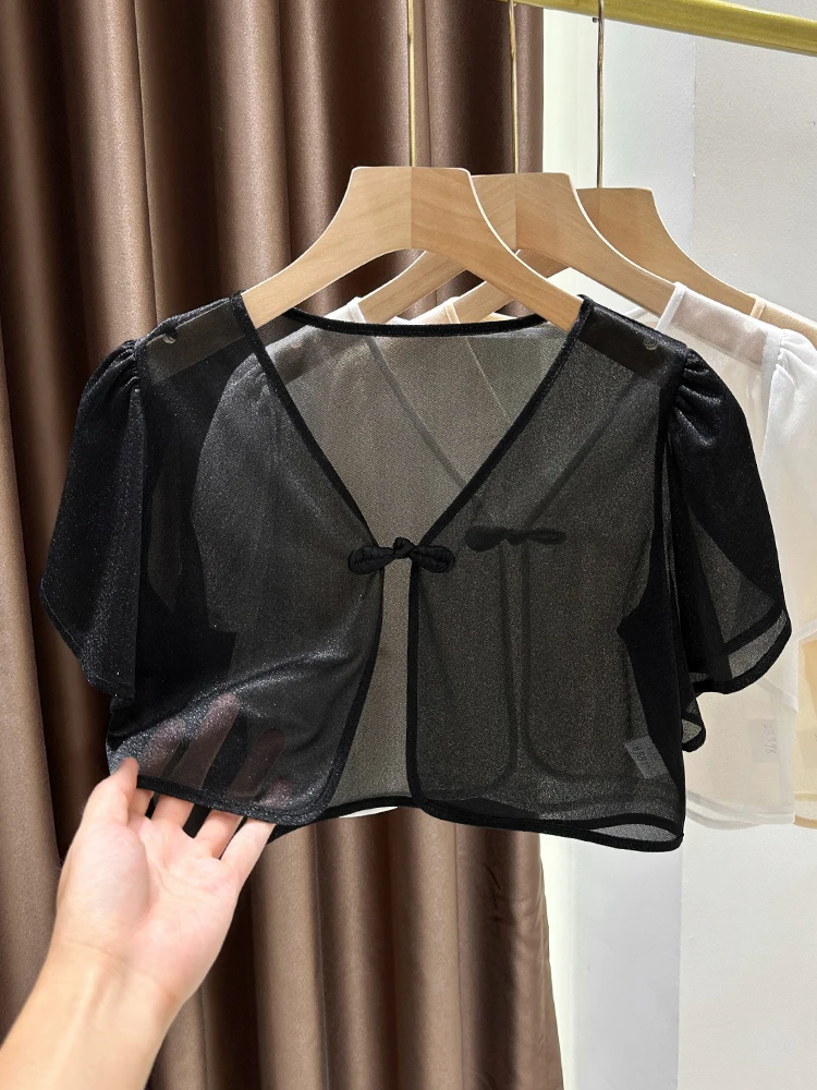 New Chinese Style Ice Silk Open Cardigan Women Summer Halter Dress Hollow Short Sleeve Shawl Sparkling Mesh Button Cover up
New Chinese Style Ice Silk Open Cardigan Women Summer Halter Dress Hollow Short Sleeve Shawl Sparkling Mesh Button Cover up