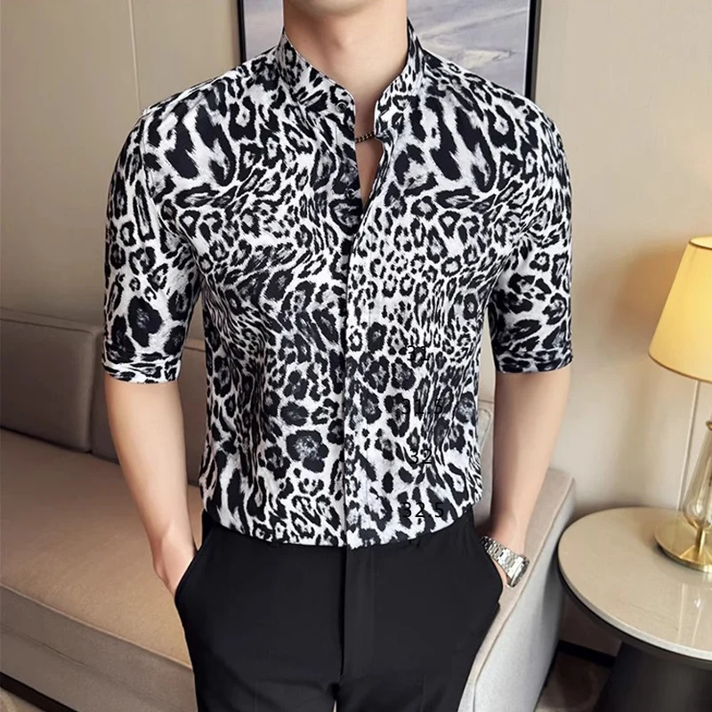 Classic Leopard Print Shirts for Man Summer Stand Collar Half-Sleeved Men Floral Shirt Club Prom Thin Slim Fit Camisas De Hombre
Classic Leopard Print Shirts for Man Summer Stand Collar Half-Sleeved Men Floral Shirt Club Prom Thin Slim Fit Camisas De Hombre
