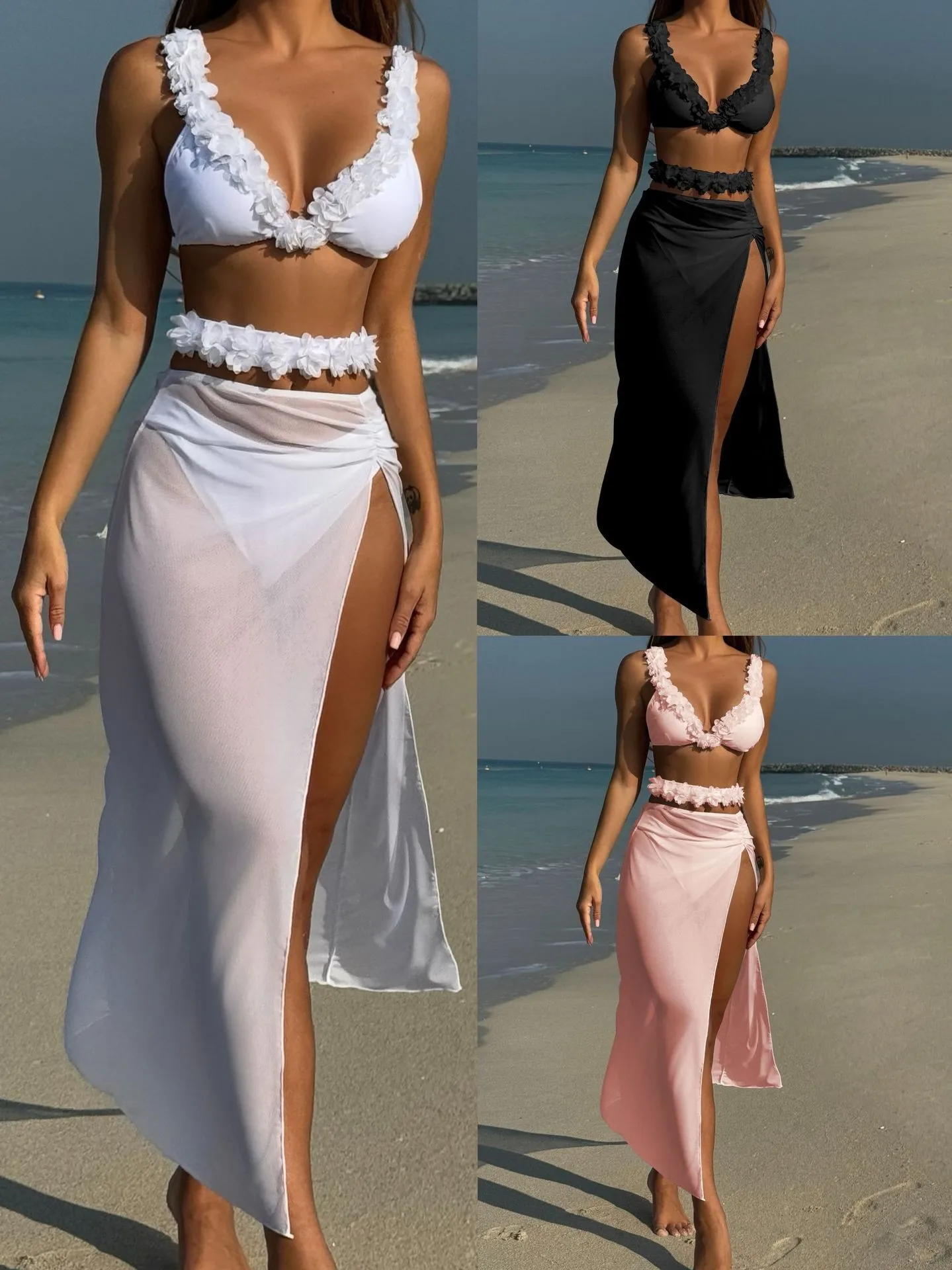 Swimwear 2026 Bikini Women's Two-piece Solid Color Bikinis Floral Trim V Neck Swimsuit Black Sheer Maxi Skirt High Slit Two
Swimwear 2026 Bikini Women's Two-piece Solid Color Bikinis Floral Trim V Neck Swimsuit Black Sheer Maxi Skirt High Slit Two