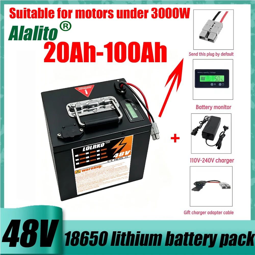 Air fast transportation 48V New Full Capacity Power 18650 Lithium Battery 20AH-100AH Lithium Battery Pack Suitable for 250-2000W
Air fast transportation 48V New Full Capacity Power 18650 Lithium Battery 20AH-100AH Lithium Battery Pack Suitable for 250-2000W