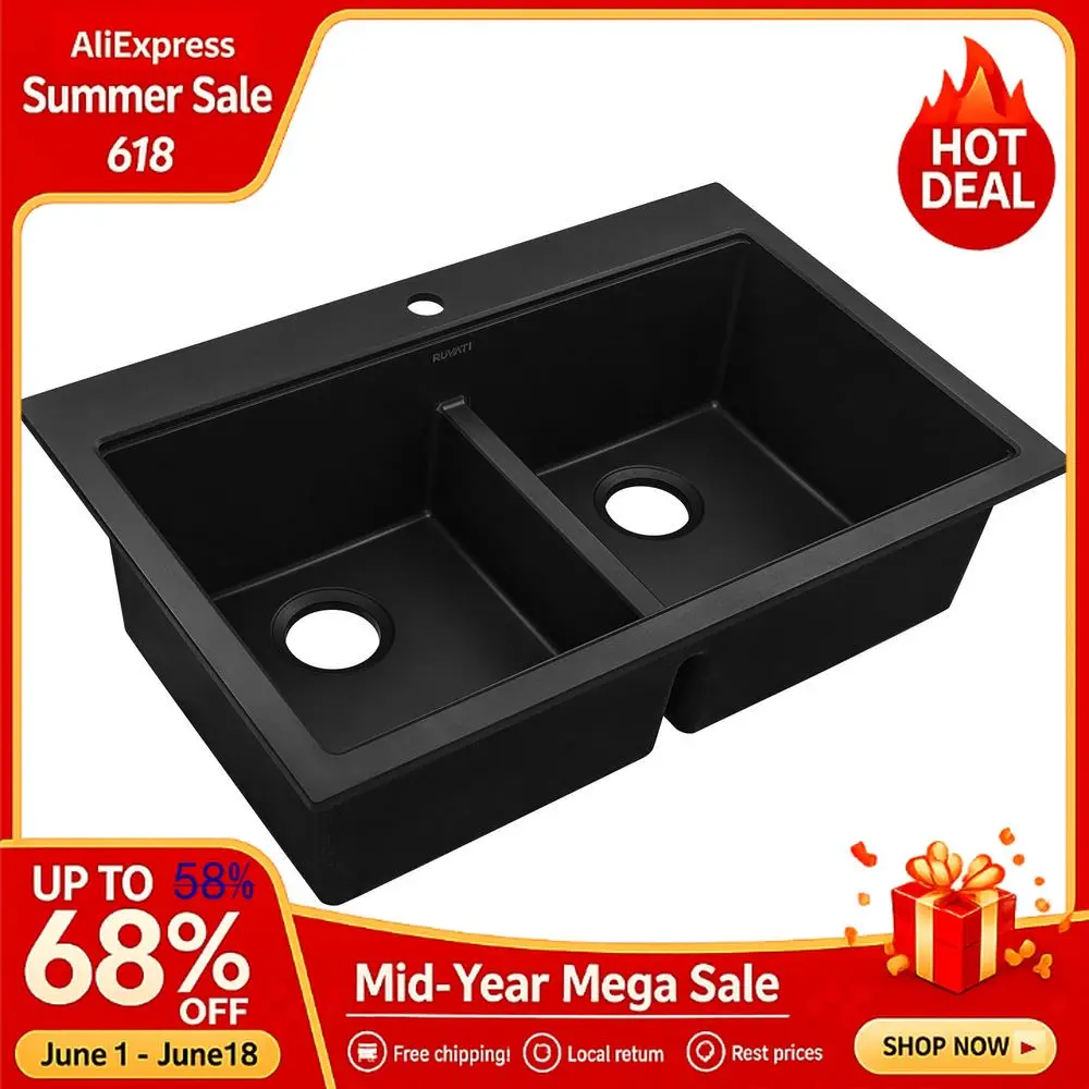 33 x 22 inch epiGranite Dropin TopMount Granite Composite Quartz Double Bowl Low Divide Kitchen Sink Midnight Black, Custom
33 x 22 inch epiGranite Dropin TopMount Granite Composite Quartz Double Bowl Low Divide Kitchen Sink Midnight Black, Custom