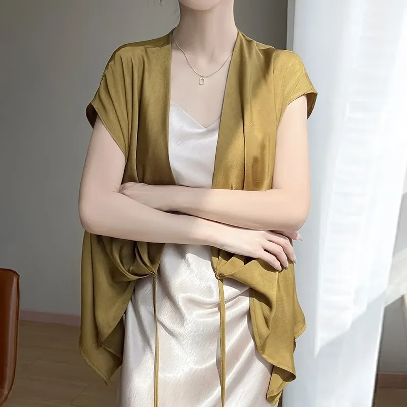 Women Mustard Satin Wrap Blouse Cap Sleeve V Neck Tie Waist Silky Elegant Office Top
Women Mustard Satin Wrap Blouse Cap Sleeve V Neck Tie Waist Silky Elegant Office Top