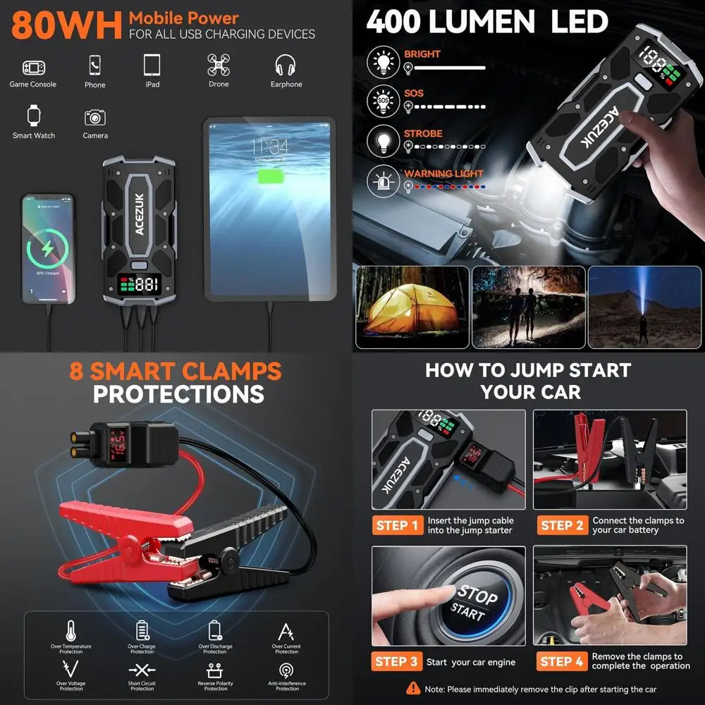 Стартер аккумулятора, 8000A Jump Smart (все газовые/10,0 л дизельные), портативный автомобильный стартерный аккумулятор с расширенным интеллектуальным соединительным кабелем
Стартер аккумулятора, 8000A Jump Smart (все газовые/10,0 л дизельные), портативный автомобильный стартерный аккумулятор с расширенным интеллектуальным соединительным кабелем