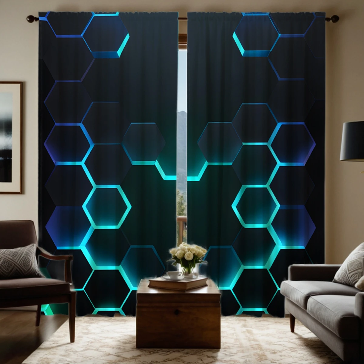 2pcs HD stereoconvex geometric hexagon decorative curtain Black tie digital printed curtain Home decoration style Decoration
2pcs HD stereoconvex geometric hexagon decorative curtain Black tie digital printed curtain Home decoration style Decoration