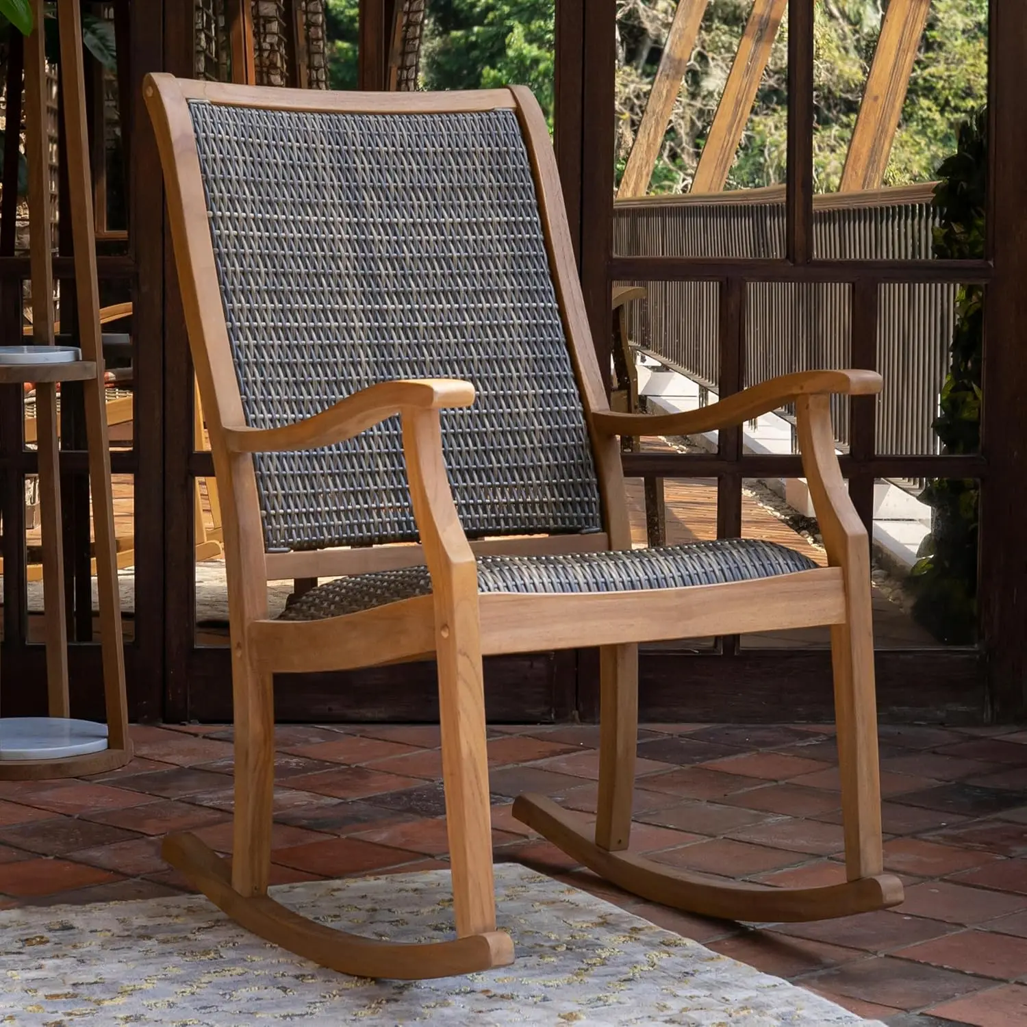 Teak Wood Padded Woven Seat All-Weather Rocker with Quick Dry Cushion & Poly-Rattan Accents Outdoor Patio 1pc, Customized
Teak Wood Padded Woven Seat All-Weather Rocker with Quick Dry Cushion & Poly-Rattan Accents Outdoor Patio 1pc, Customized