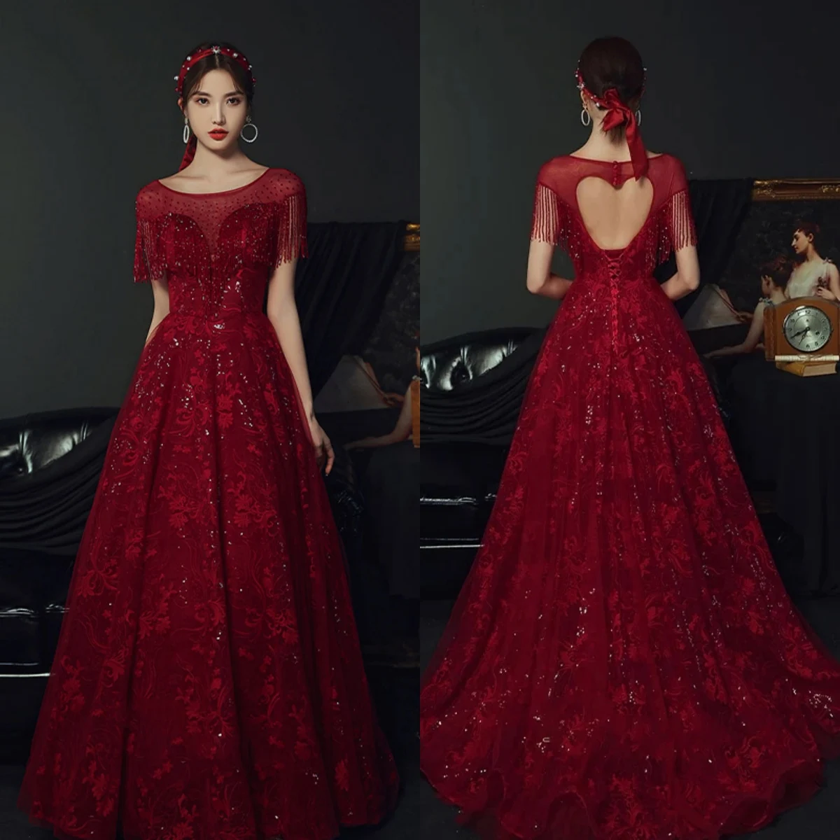 Evening Dress New O-Neck Tassel Short Sleeve Embroidery Backless Floor-Length Elegant A-Line Burgundy Woman Formal Party Gowns
Evening Dress New O-Neck Tassel Short Sleeve Embroidery Backless Floor-Length Elegant A-Line Burgundy Woman Formal Party Gowns